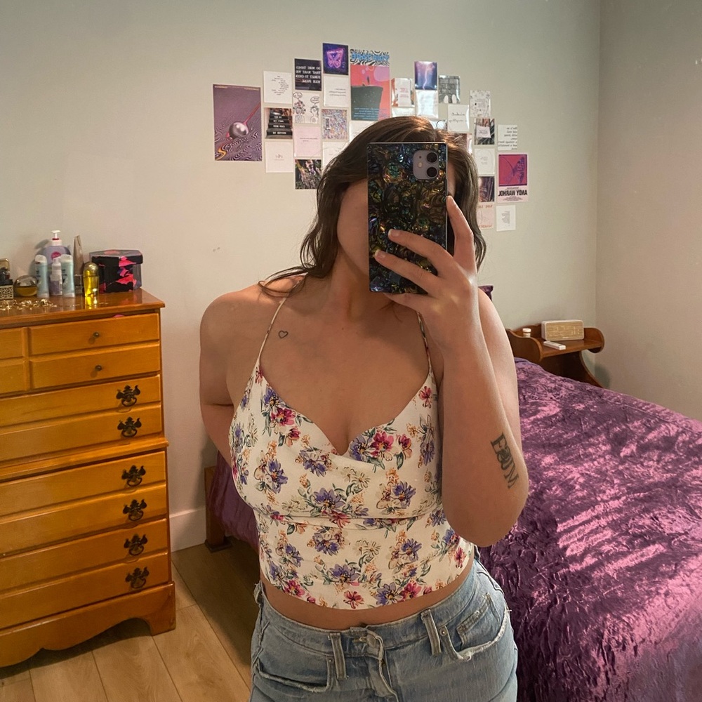Floral White lace up back top